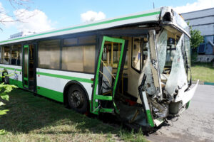 green bus that was in an accident on Long Island, Suffolk County