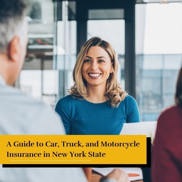 insurance broker talking with her clients - A Guide to Car, Truck, and Motorcycle Insurance in New York State