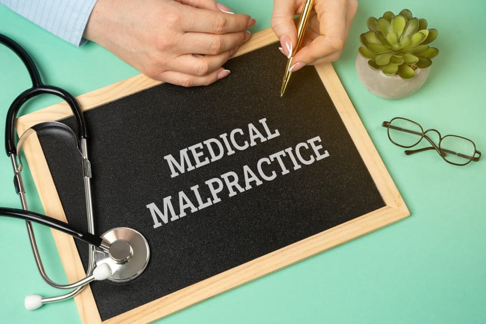 Medical malpractice text on wooden plate and stethoscope beside
